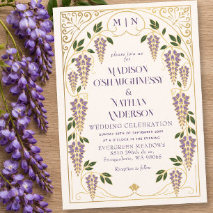 Gold Art Nouveau Purple Wisteria Wedding Invitation
