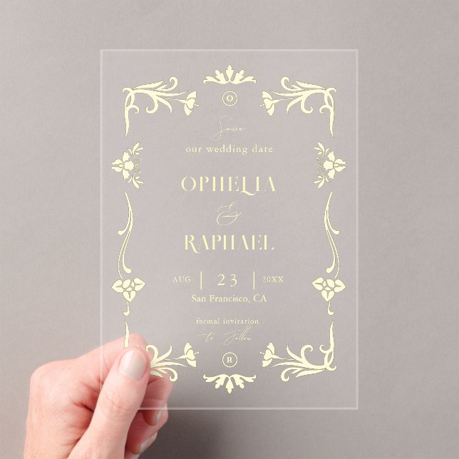 Gold Art Nouveau Transparent Wedding Save the Date Acrylic Invitations (Insitu (Handheld))