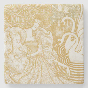 Gold Art Nouveau Vintage Woman Drawing Vintage Aes Stone Coaster