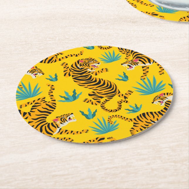 Gold Asian Tiger Pattern Round Paper Coaster (Angled)