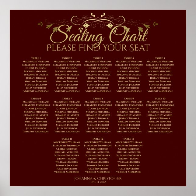 Gold & Auburn Brown 13 Table Wedding Seating Chart (Front)