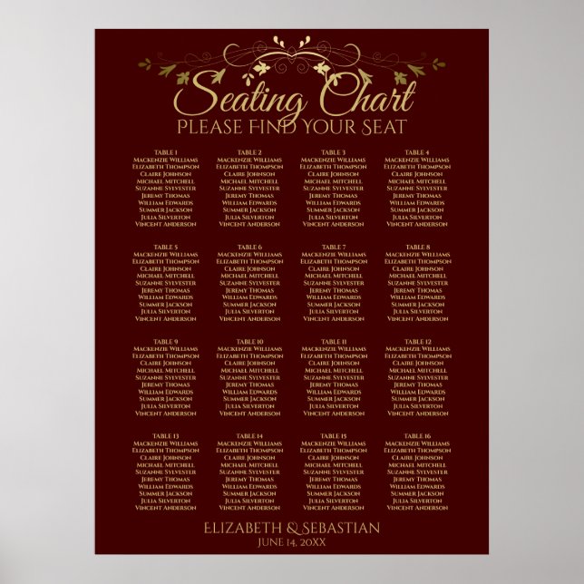 Gold & Auburn Brown 16 Table Wedding Seating Chart (Front)