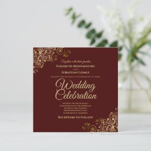 Gold Auburn Brown Simple Elegant Square Wedding Invitation