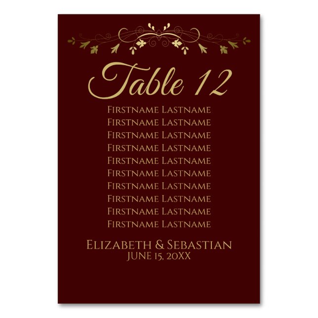 Gold & Auburn Simple Elegant Wedding Seating Chart Table Number (Front)