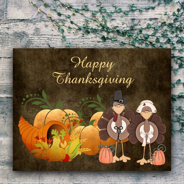 Gold Autumn Cute Turkey Couple Happy Thanksgiving Holiday Postcard (Creator Uploaded)