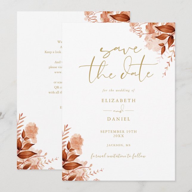 Gold Autumn Fall  Floral QR Code Wedding Save The Date (Front/Back)