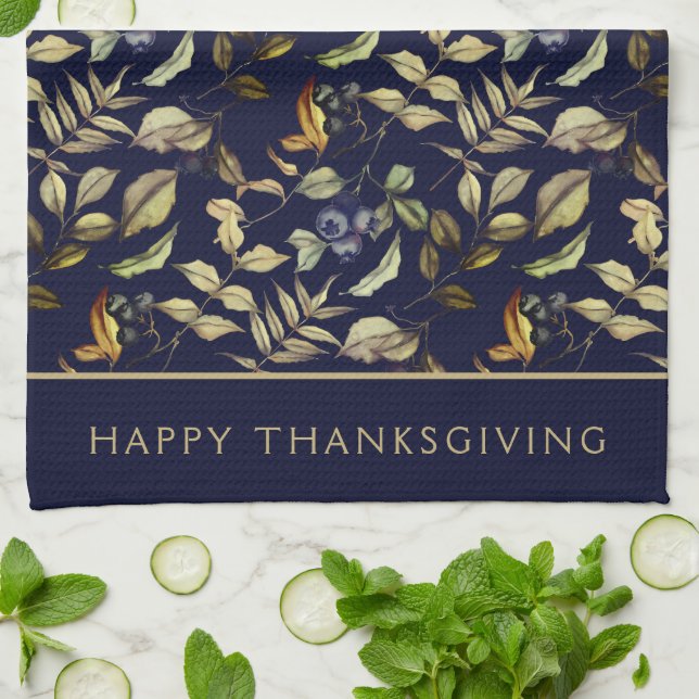 Gold Autumn Leaves & Berries Custom Kitchen Towel (Folded)