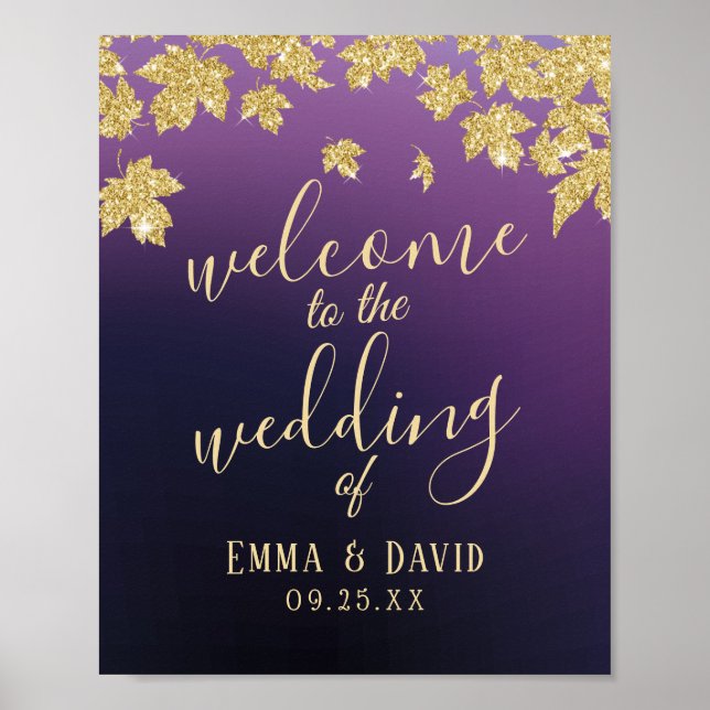 Gold Autumn Leaves Dark Purple Fall Wedding Sign (Front)
