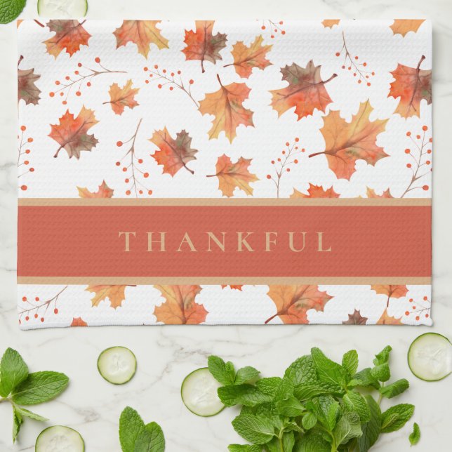 Gold Autumn Maple Leaves Custom Kitchen Towel (Folded)