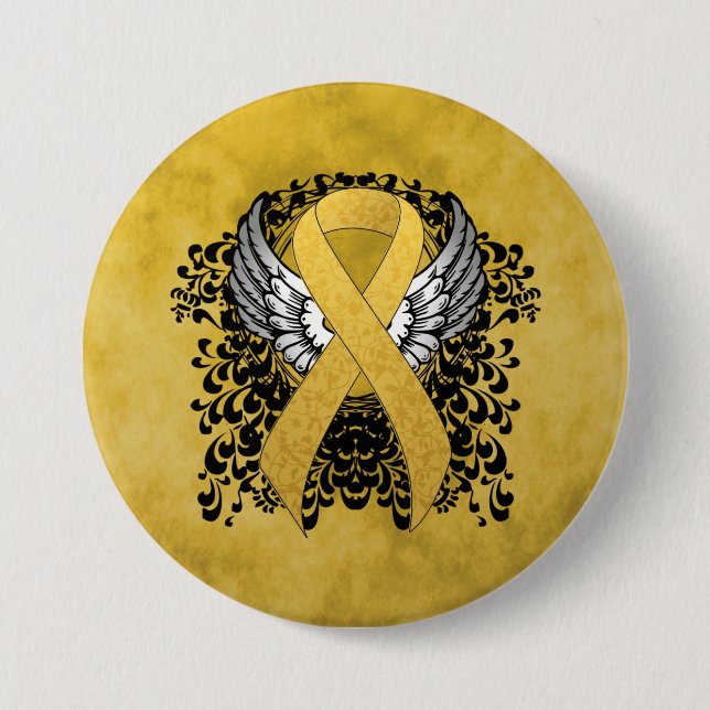 Gold Awareness Ribbon with Wings 3 Inch Round Button (Front)