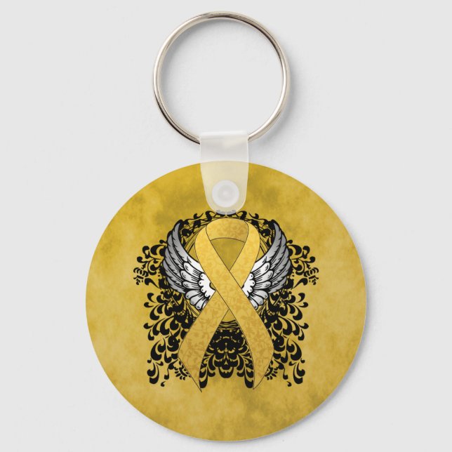 Gold Awareness Ribbon with Wings Keychain (Front)