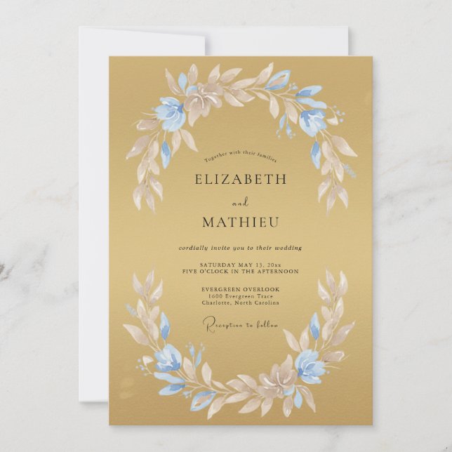 Gold Azure Leafy Wedding Invitation (Front)