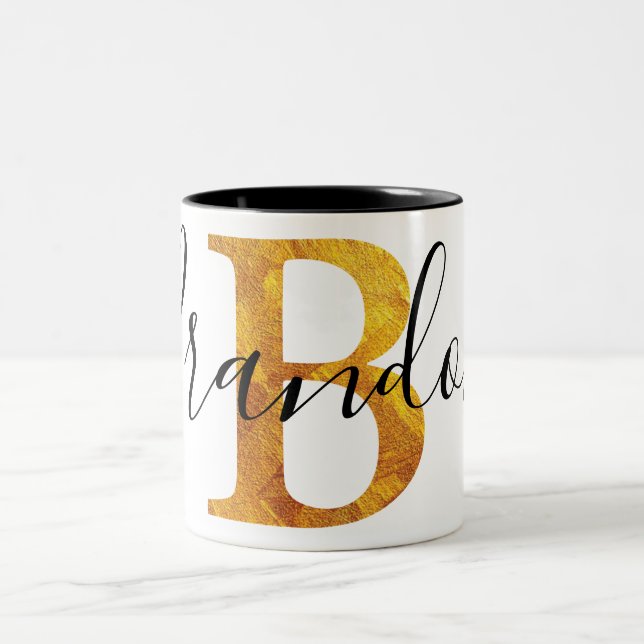 Gold 'B' Monogram w/ Personalized Name Two-Tone Coffee Mug (Center)