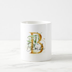 Gold B Name Green Leaves Coffee Mug