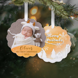 Gold Baby 1st Christmas Custom Photo  Ornament Card