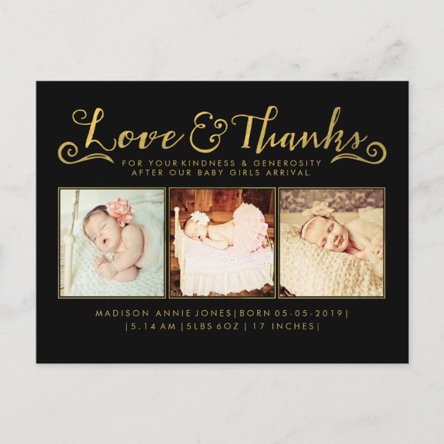 Gold Baby Birth Announcement Sip & See Postcard (Front)