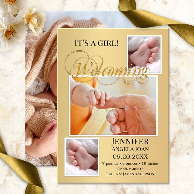 Gold Baby Birth Photos Announcement Card (Modern birth announcement card with space for 4 of your own baby and family photos framed by gold)