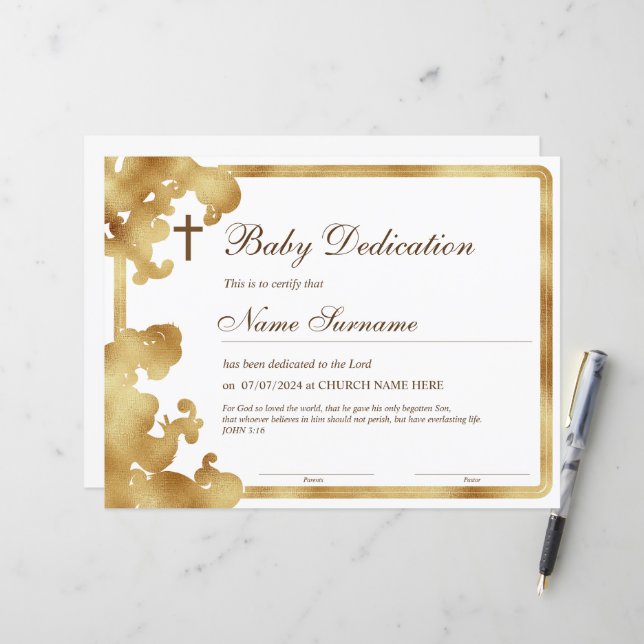 Gold Baby Dedication Certificate, Baptism (Front/Back In Situ)