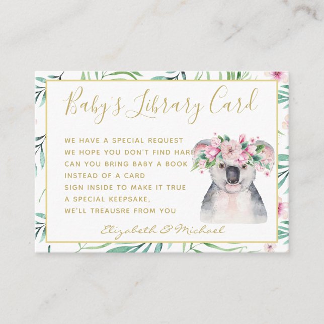 Gold Baby Library Book Request Koala Bear Floral Enclosure Card (Front)
