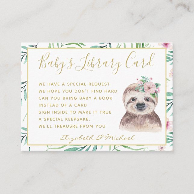 Gold Baby Library Book Request Sloth Floral Enclosure Card (Front)