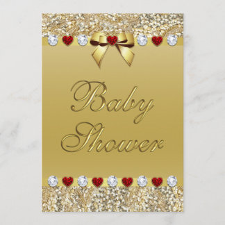 Gold Baby Shower Faux Sequins Hearts Bow Invitation