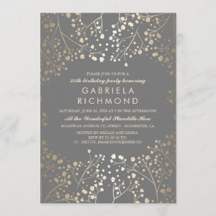 Gold Baby's Breath Elegant Grey Birthday Party Invitation