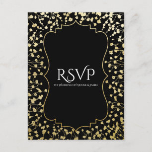 Gold Baby's Breath Floral Chic Black Wedding RSVP Invitation Postcard