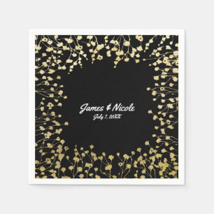 Gold Baby's Breath Floral Elegant Black Napkin