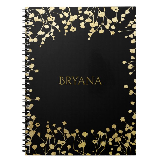Gold Baby's Breath Floral Elegant Black Notebook (Front)