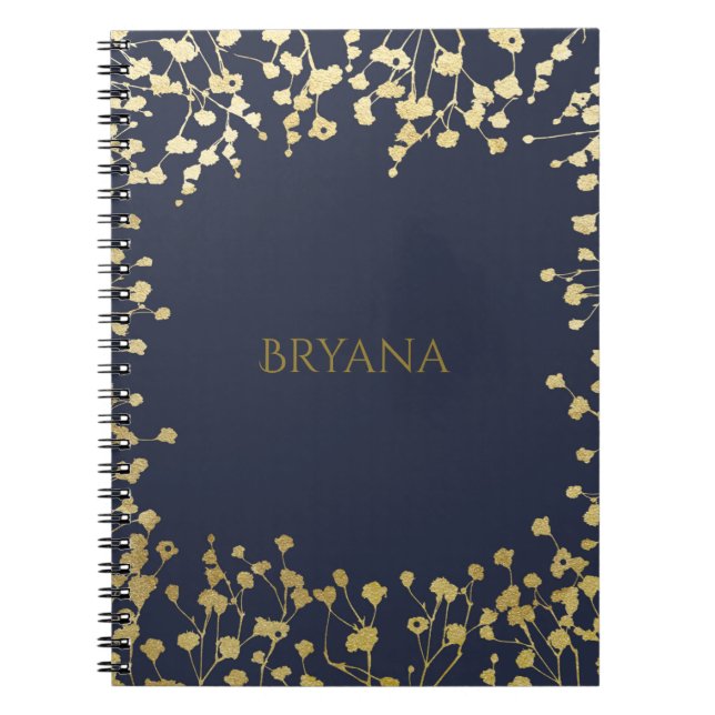 Gold Baby's Breath Floral Elegant Blue Notebook (Front)