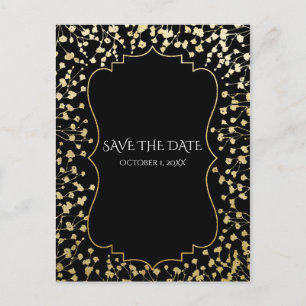 Gold Baby's Breath Floral Rustic Black Save Date Announcement Postcard