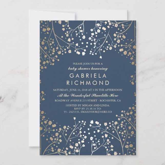 Gold Baby's Breath Navy Elegant Baby Shower Invitation (Front)