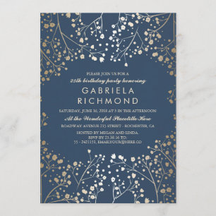 Gold Baby's Breath Navy Elegant Birthday Party Invitation