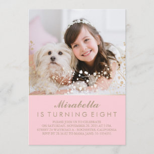 Gold Baby's Breath Pink Photo Birthday Party Invitation