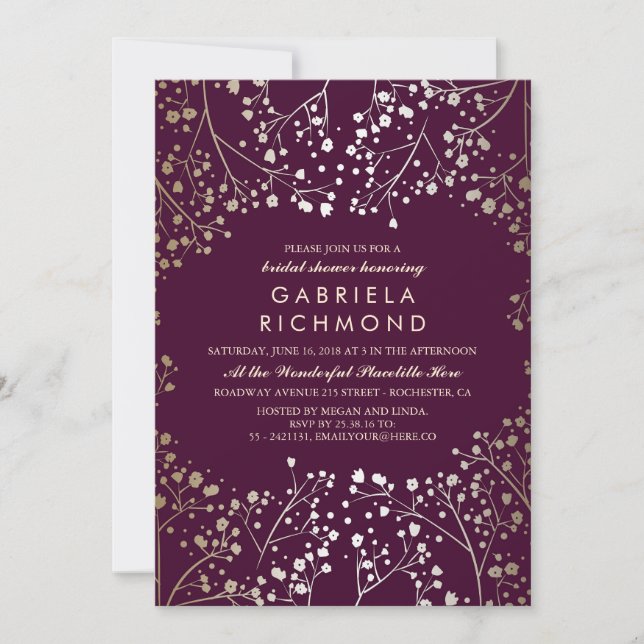 Gold Baby's Breath Plum Bridal Shower Invitation (Front)