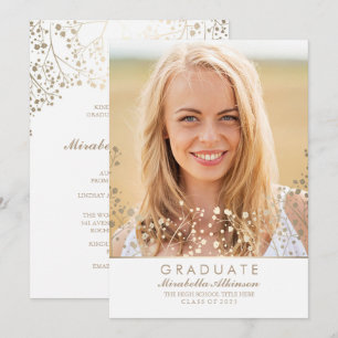 Gold Baby's Breath White Photo Graduation Invitation