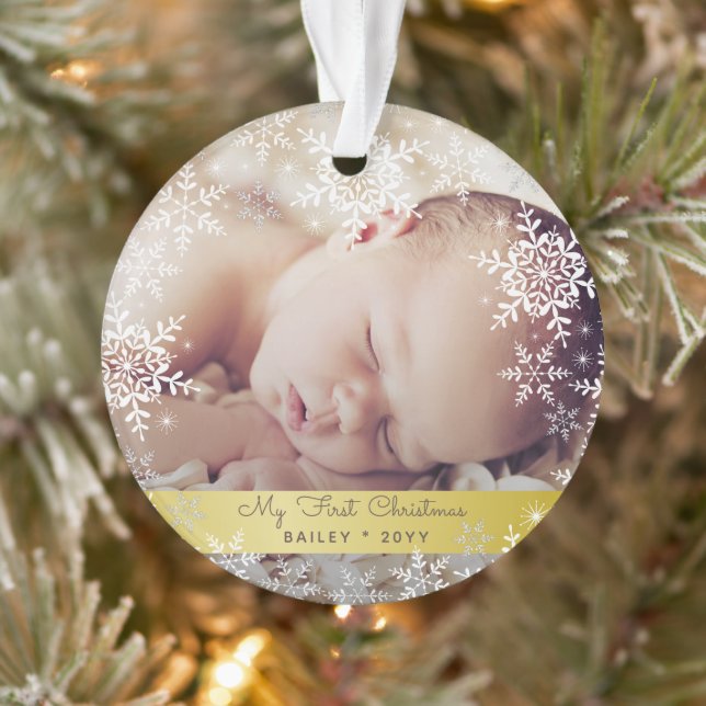 Gold Baby's First Christmas Snowflakes Photo Ornament (Tree)