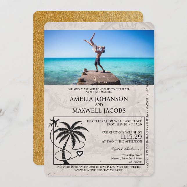 Gold Bahamas Passport Wedding Invitation (Front/Back)