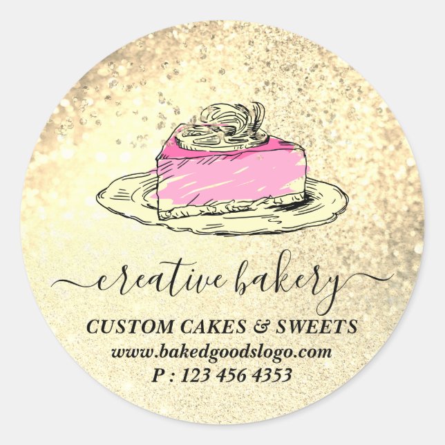 Gold Bakery Pastry Cake slice plate Decorations Classic Round Sticker (Front)