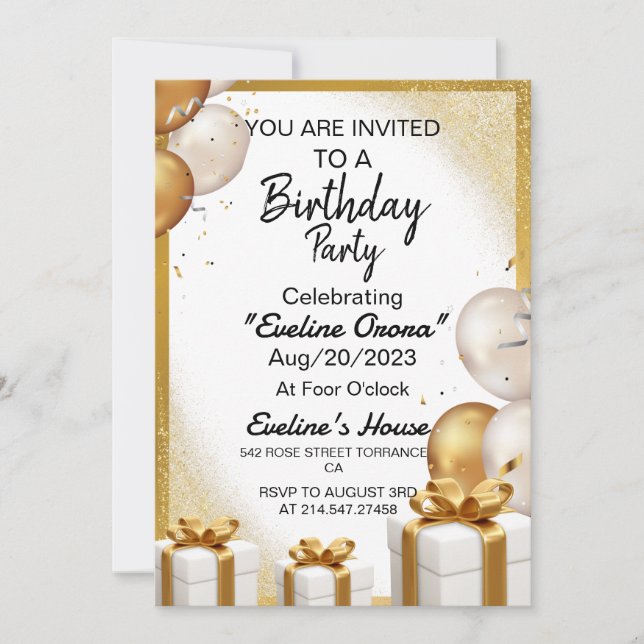 Gold Ballons Gift Birthday Invitation (Front)