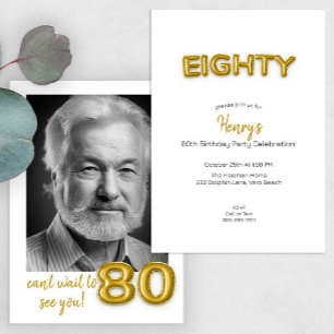 Gold Balloon 80th Birthday Photo Invite