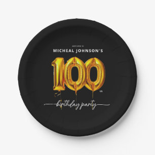 Gold Balloon Black 100th Birthday Party Paper Plate