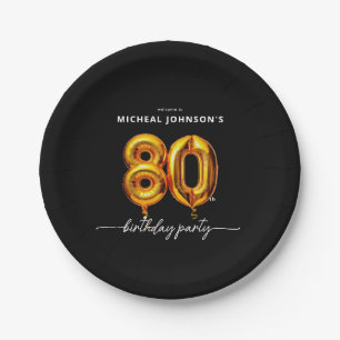Gold Balloon Black 80th Birthday Party Paper Plate