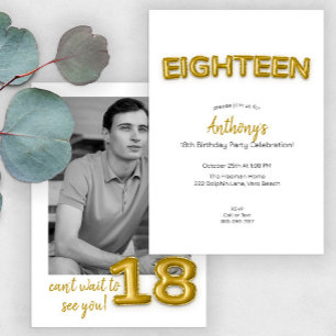Gold Balloon Eighteenth Birthday Photo Invite