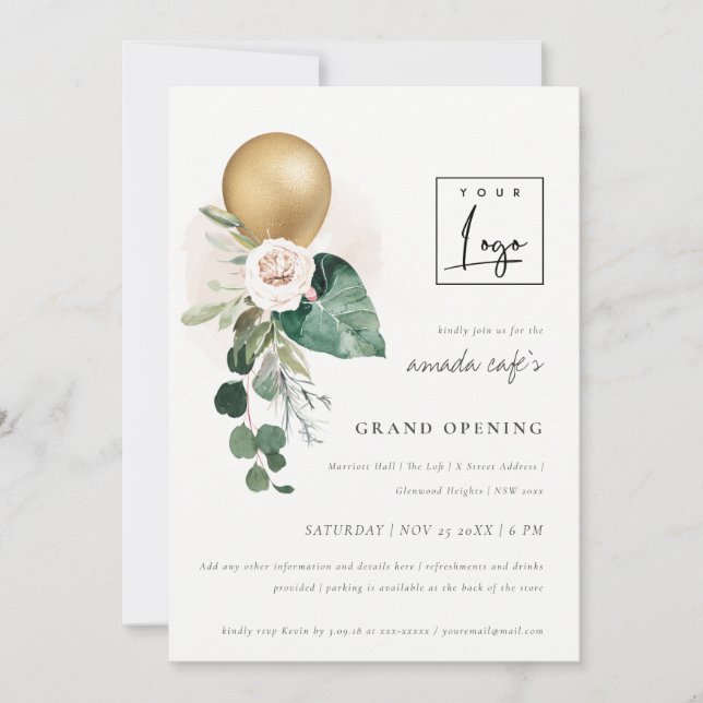 Gold Balloon Floral Logo Grand Invitation d'ouvert (Devant)