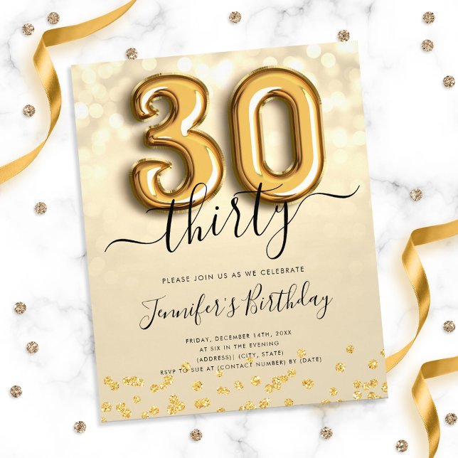 Gold Balloon Glitter 30th Birthday Party Invite Flyer (Creator Uploaded)