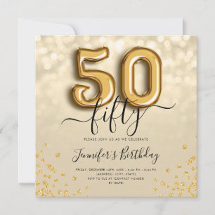 Gold Balloon Glitter 50th Birthday Party Invite