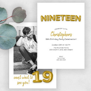 Gold Balloon Nineteenth Birthday Photo Invite
