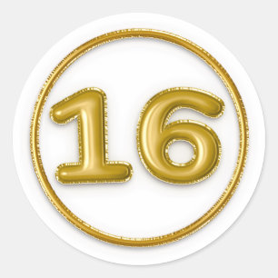 Gold Balloon Number 16 Round Sticker