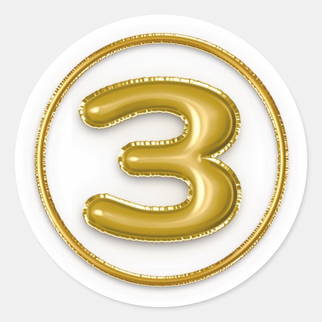 Gold Balloon Number 3 Round Sticker (Front)